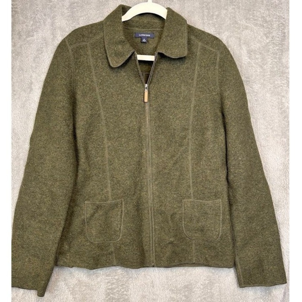Lands' End Womens 12T Olive Green 100% Wool Full Zip Collared Jacket Boiled Wool